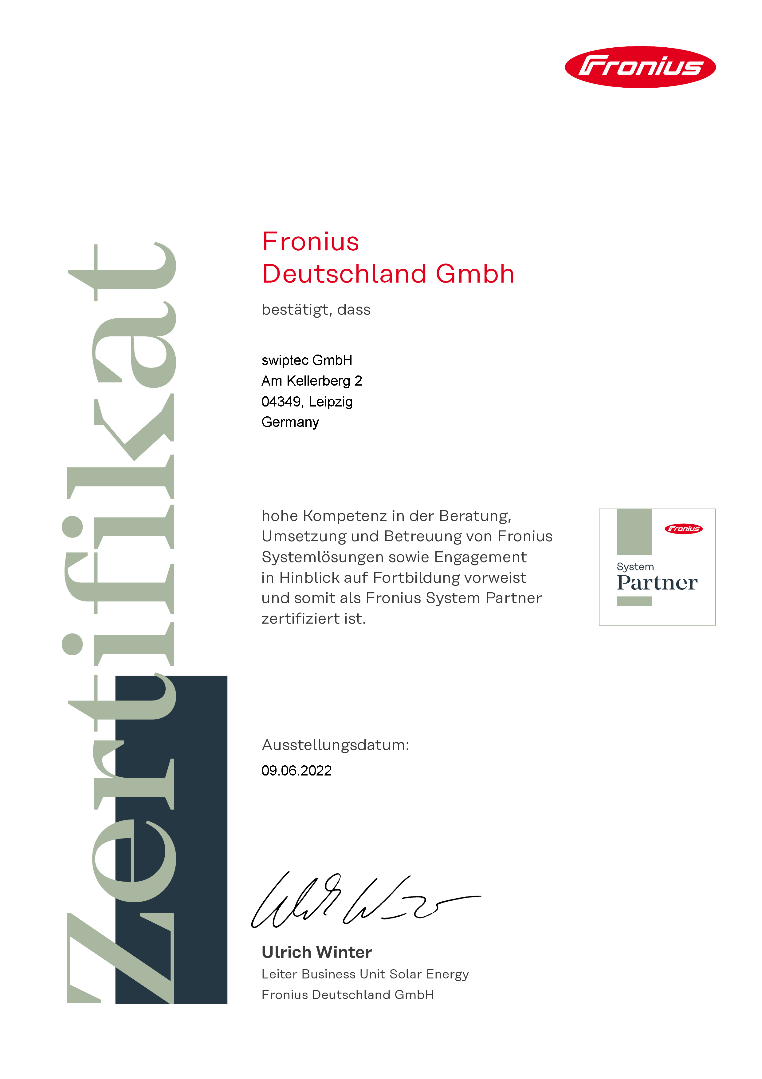 Fronius Zertifikat